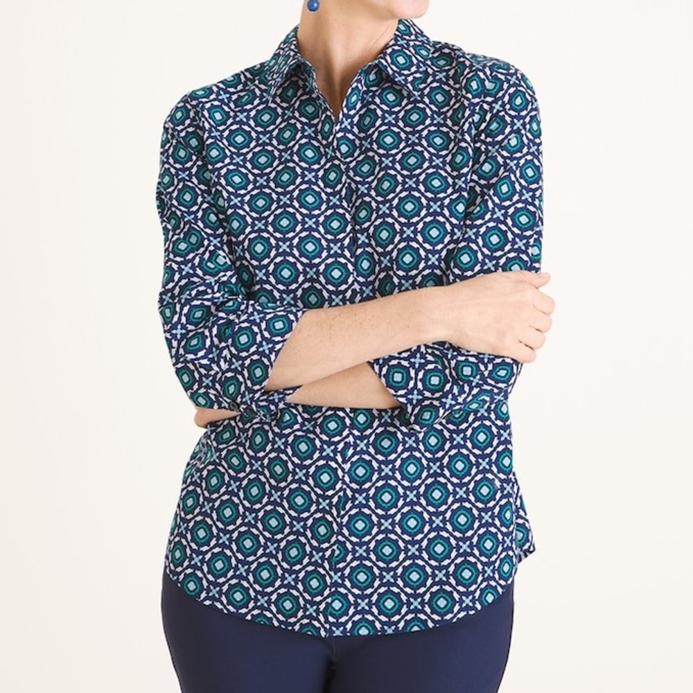 Chico’s Cotton No-Iron Square Print Shirt Sz 2 NWT